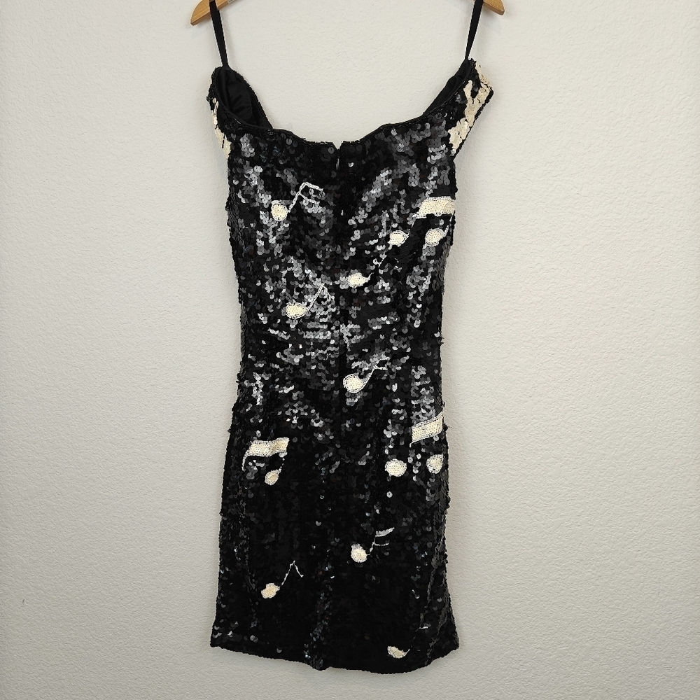 Vintage 1980s Black White Piano Keys Off Shoulder Sequin Beaded Mini Dress SM - Picture 14 of 16